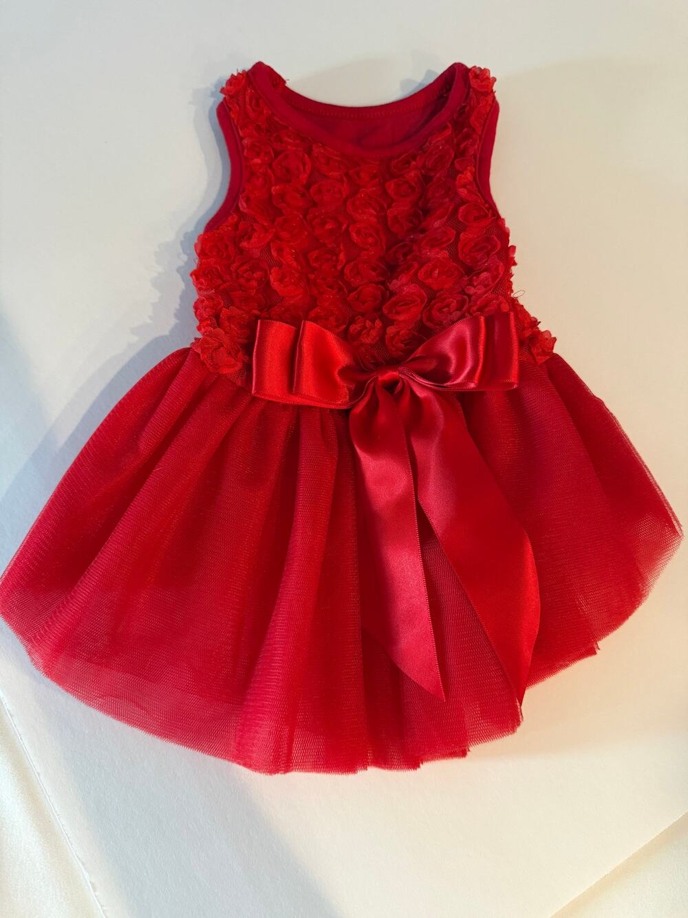 Red Tulle Dog Dress - Rosette Bodice & Satin Bow Size Medium